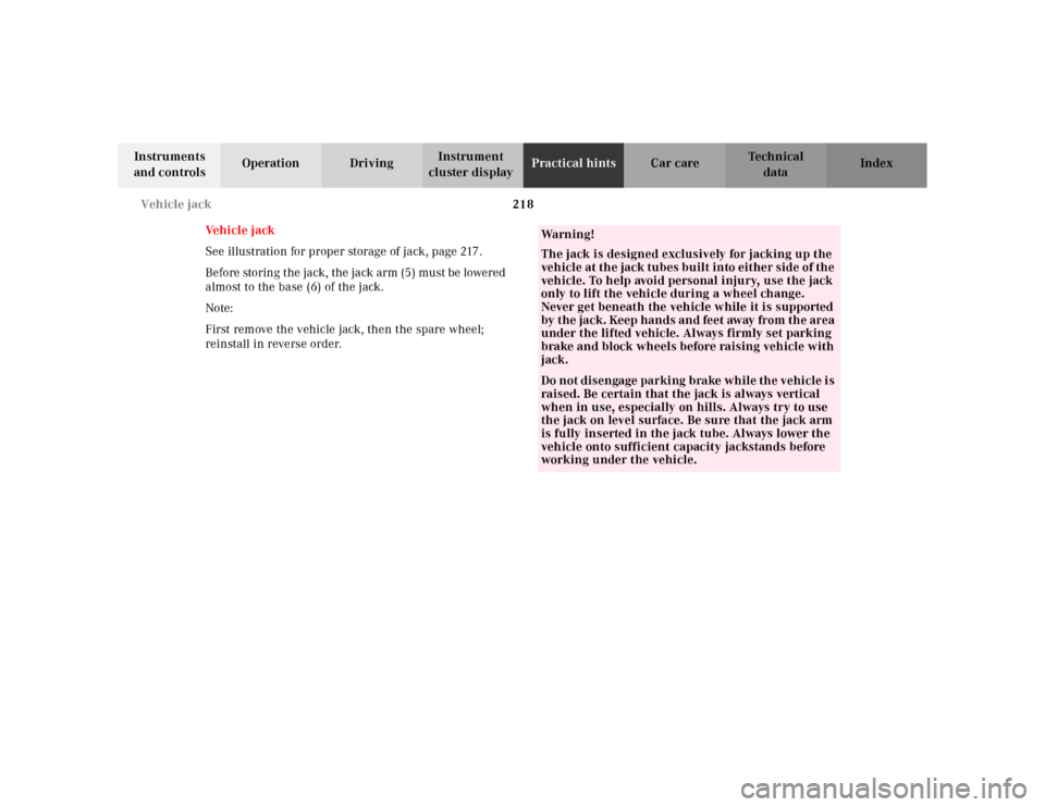 MERCEDES-BENZ SL500 2002 R129 Owners Manual 218 Vehicle jack
Te ch n ica l
data Instruments 
and controlsOperation DrivingInstrument 
cluster displayPractical hintsCar care Index
Ve h i c l e  j a c k
See illustration for proper storage of jack