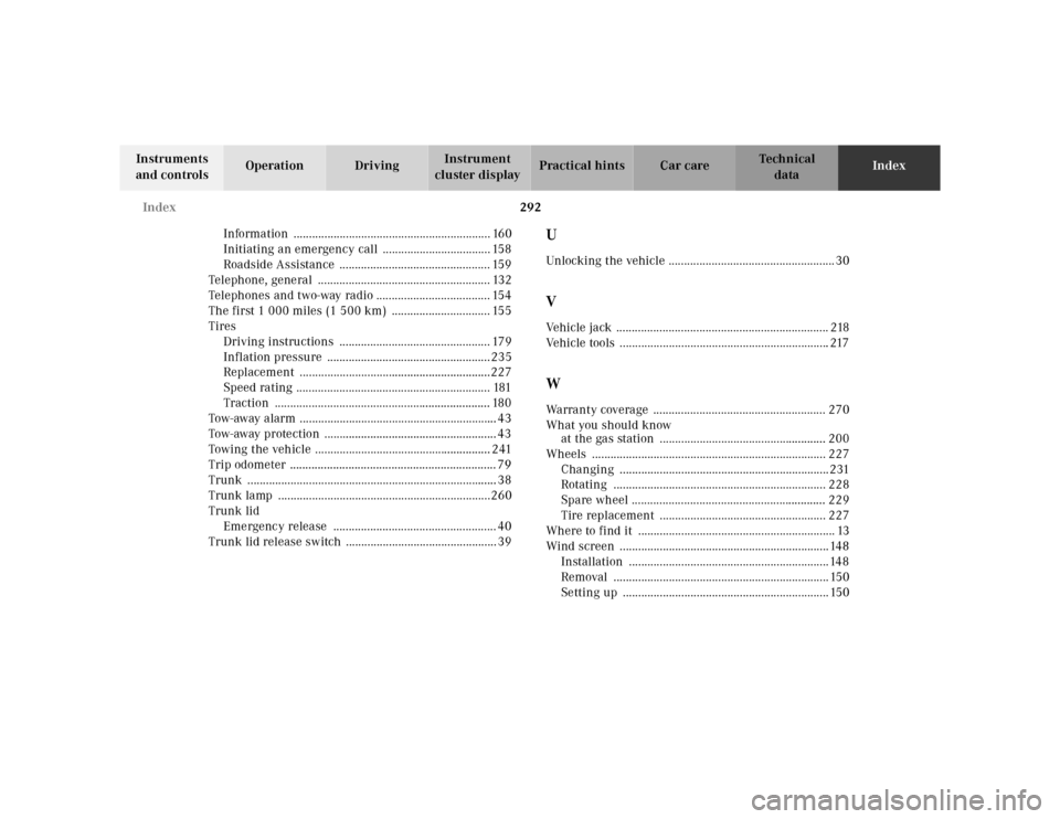 MERCEDES-BENZ SL500 2002 R129 Owners Manual 292 Index
Te ch n ica l
data Instruments 
and controlsOperation DrivingInstrument 
cluster displayPractical hints Car careIndex
Information ............................................................