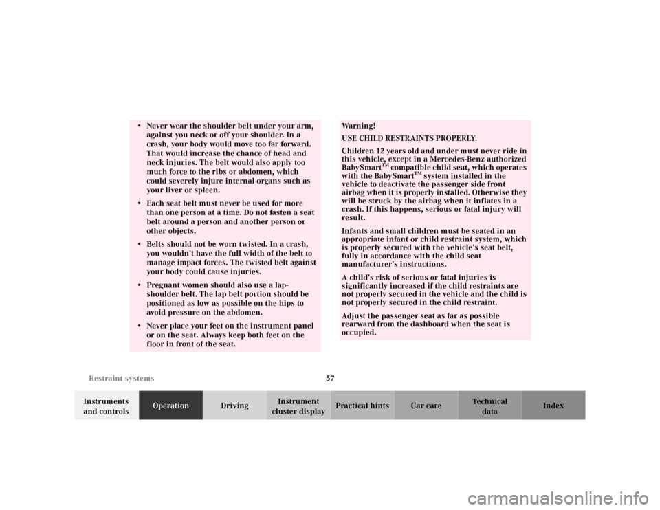 MERCEDES-BENZ SL500 2002 R129 Owners Manual 57 Restraint systems
Te ch n ica l
data Instruments 
and controlsOperationDrivingInstrument 
cluster displayPractical hints Car care Index
• Never wear the shoulder belt under your arm, 
against you