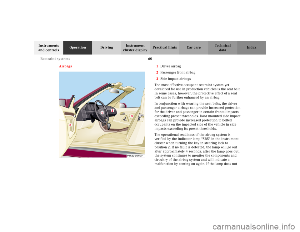 MERCEDES-BENZ SL600 2002 R129 Repair Manual 60 Restraint systems
Te ch n ica l
data Instruments
and controlsOperationDrivingInstrument
cluster displayPractical hints Car care Index
Airbags 1Driver airbag
2Passenger front airbag
3Side impact a MERCEDES-BENZ SL600 2002 R129 Repair Manual 60 Restraint systems
Te ch n ica l
data Instruments
and controlsOperationDrivingInstrument
cluster displayPractical hints Car care Index
Airbags 1Driver airbag
2Passenger front airbag
3Side impact a