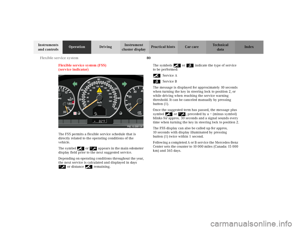 MERCEDES-BENZ SL500 2002 R129 Owners Manual 80 Flexible service system
Te ch n ica l
data Instruments 
and controlsOperationDrivingInstrument 
cluster displayPractical hints Car care Index
Flexible service system (FSS) 
(service indicator)
The 