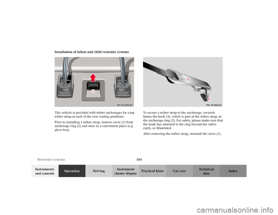 MERCEDES-BENZ S430 2002 W220 Owners Manual 101 Restraint systems
Te ch n i c a l
data Instruments 
and controlsOperationDrivingInstrument 
cluster displayPractical hints Car care Index Installation of infant and child restraint systems
This ve
