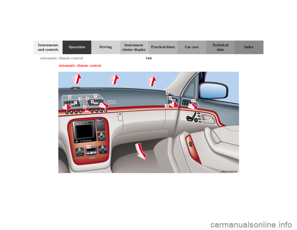 MERCEDES-BENZ S500 2002 W220 Owners Manual 166 Automatic climate control
Te ch n i c a l
data Instruments 
and controlsOperationDrivingInstrument 
cluster displayPractical hints Car care Index
Automatic climate control
33
2
1
3
45
67
89
P83.40