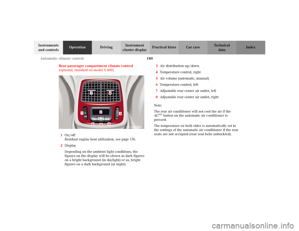 MERCEDES-BENZ S500 2002 W220 Owners Manual 180 Automatic climate control
Te ch n i c a l
data Instruments 
and controlsOperationDrivingInstrument 
cluster displayPractical hints Car care Index
Rear passenger compartment climate control 
(optio