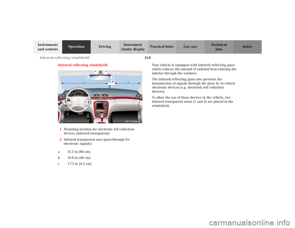 MERCEDES-BENZ S500 2002 W220 Owners Manual 214 Infrared reflecting windshield
Te ch n i c a l
data Instruments 
and controlsOperationDrivingInstrument 
cluster displayPractical hints Car care Index
Infrared reflecting windshield
1Mounting loca