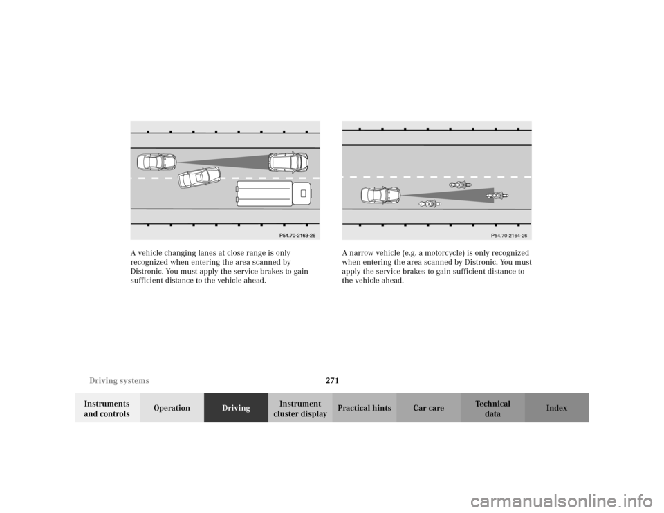 MERCEDES-BENZ S500 2002 W220 Owners Manual 271 Driving systems
Te ch n i c a l
data Instruments 
and controlsOperationDrivingInstrument 
cluster displayPractical hints Car care Index A vehicle changing lanes at close range is only 
recognized 