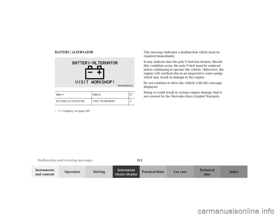 MERCEDES-BENZ S430 2002 W220 Owners Manual 311 Malfunction and warning messages
Te ch n i c a l
data Instruments
and controlsOperation DrivingInstrument
cluster displayPractical hints Car care Index BATTERY / ALTERNATOR
* C = Category, see p MERCEDES-BENZ S430 2002 W220 Owners Manual 311 Malfunction and warning messages
Te ch n i c a l
data Instruments
and controlsOperation DrivingInstrument
cluster displayPractical hints Car care Index BATTERY / ALTERNATOR
* C = Category, see p