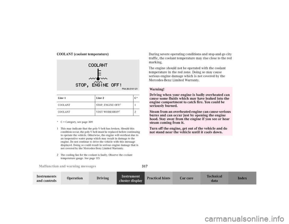 MERCEDES-BENZ S500 2002 W220 User Guide 317 Malfunction and warning messages
Te ch n i c a l
data Instruments 
and controlsOperation DrivingInstrument 
cluster displayPractical hints Car care Index COOLANT (coolant temperature)
* C = Catego