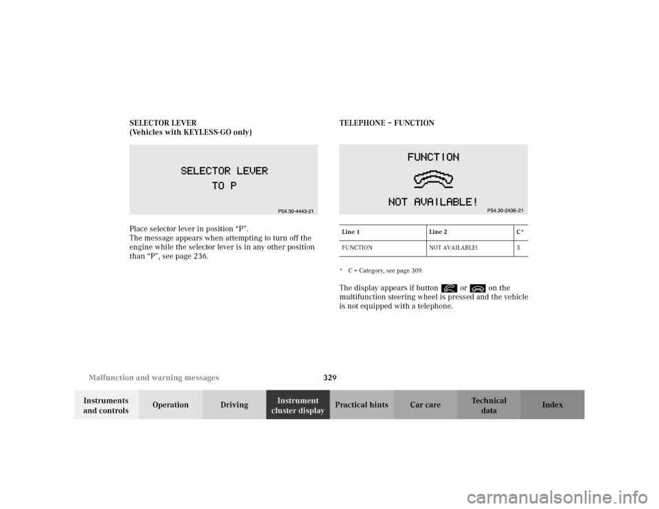 MERCEDES-BENZ S430 2002 W220 Owners Manual 329 Malfunction and warning messages
Te ch n i c a l
data Instruments
and controlsOperation DrivingInstrument
cluster displayPractical hints Car care Index SELECTOR LEVER
(Vehicles with KEYLESS-GO o MERCEDES-BENZ S430 2002 W220 Owners Manual 329 Malfunction and warning messages
Te ch n i c a l
data Instruments
and controlsOperation DrivingInstrument
cluster displayPractical hints Car care Index SELECTOR LEVER
(Vehicles with KEYLESS-GO o