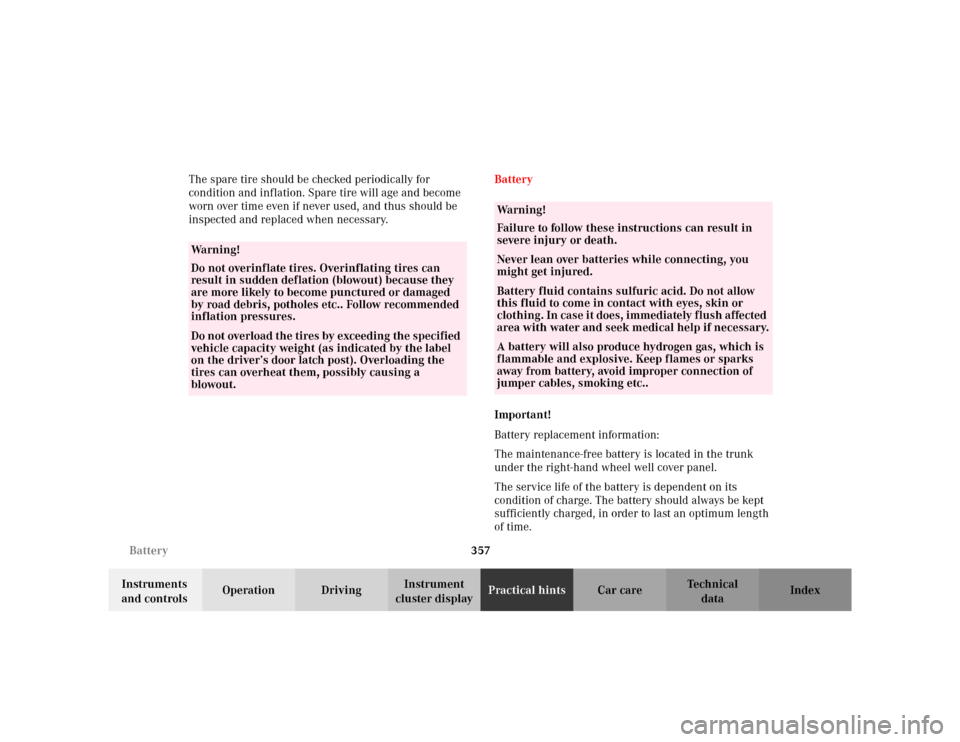 MERCEDES-BENZ S55AMG 2002 W220 Owners Manual 357 Battery
Te ch n i c a l
data Instruments 
and controlsOperation DrivingInstrument 
cluster displayPractical hintsCar care Index The spare tire should be checked periodically for 
condition and inf