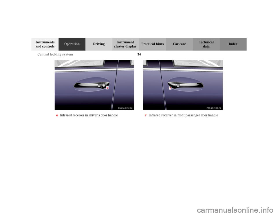 MERCEDES-BENZ S600 2002 W220 Owners Guide 34 Central locking system
Te ch n i c a l
data Instruments 
and controlsOperationDrivingInstrument 
cluster displayPractical hints Car care Index
6Infrared receiver in driver’s door handle7Infrared 