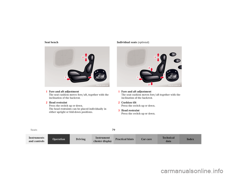 MERCEDES-BENZ S500 2002 W220 Owners Manual 79 Seats
Te ch n i c a l
data Instruments 
and controlsOperationDrivingInstrument 
cluster displayPractical hints Car care Index Seat bench
1Fore and aft adjustment
The seat cushion moves fore / aft, 
