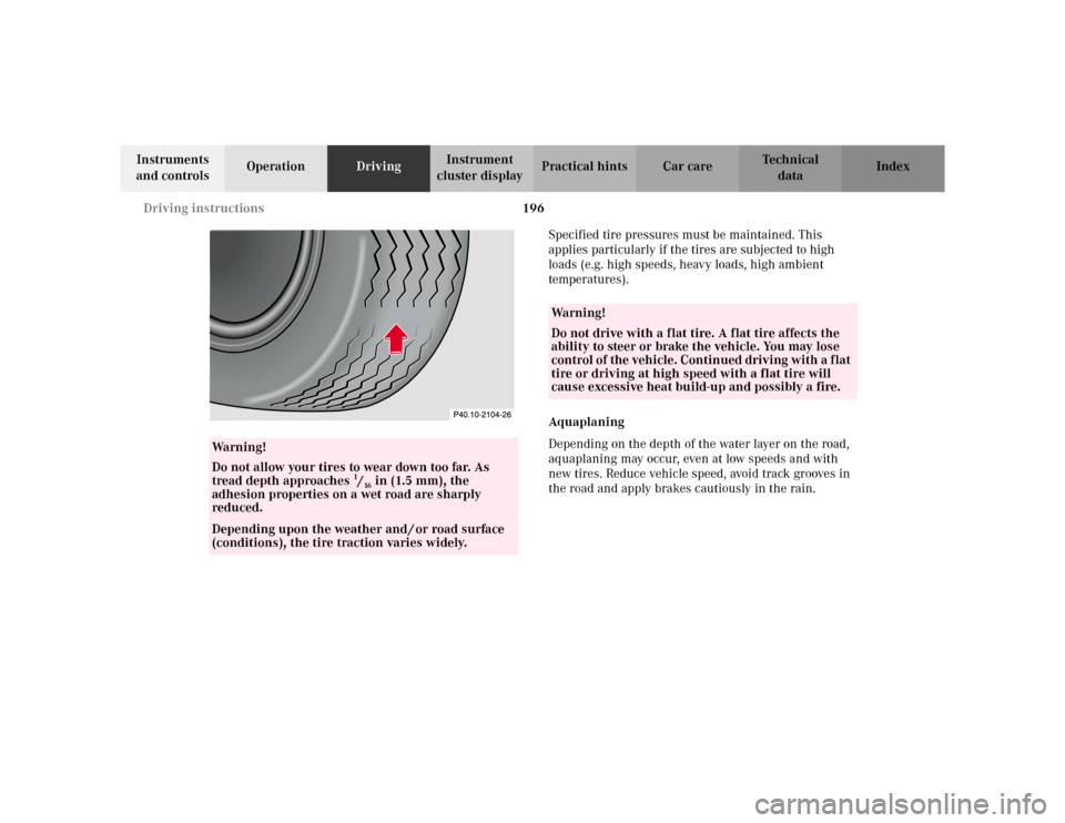 MERCEDES-BENZ ML320 2002 W163 Owners Guide 196 Driving instructions
Te ch n i c a l
data Instruments 
and controlsOperationDrivingInstrument 
cluster displayPractical hints Car care Index
Specified tire pressures must be maintained. This 
appl