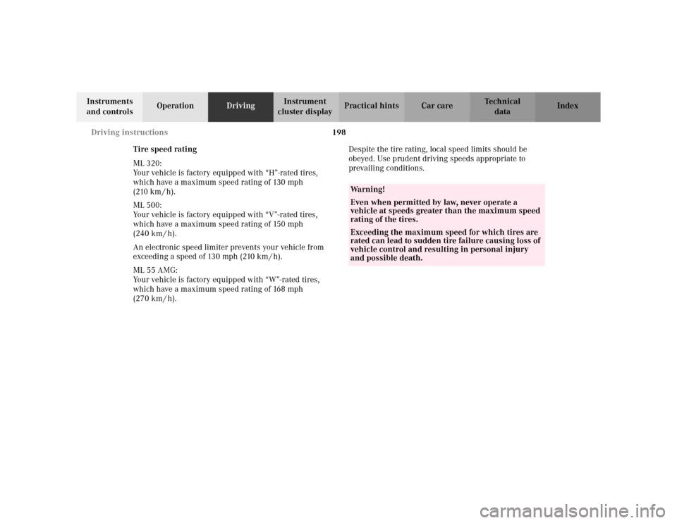 MERCEDES-BENZ ML320 2002 W163 Owners Manual 198 Driving instructions
Te ch n i c a l
data Instruments 
and controlsOperationDrivingInstrument 
cluster displayPractical hints Car care Index
Tire speed rating
ML 320:
Your vehicle is factory equip