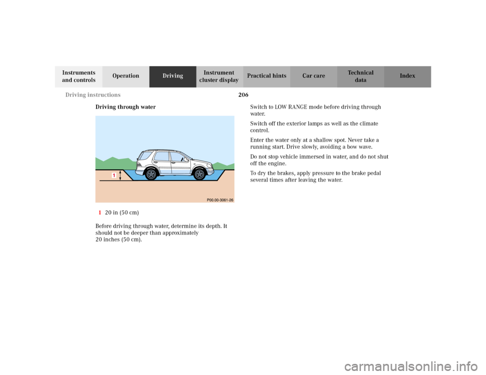 MERCEDES-BENZ ML320 2002 W163 Owners Manual 206 Driving instructions
Te ch n i c a l
data Instruments 
and controlsOperationDrivingInstrument 
cluster displayPractical hints Car care Index
Driving through water
120 in (50 cm)
Before driving thr