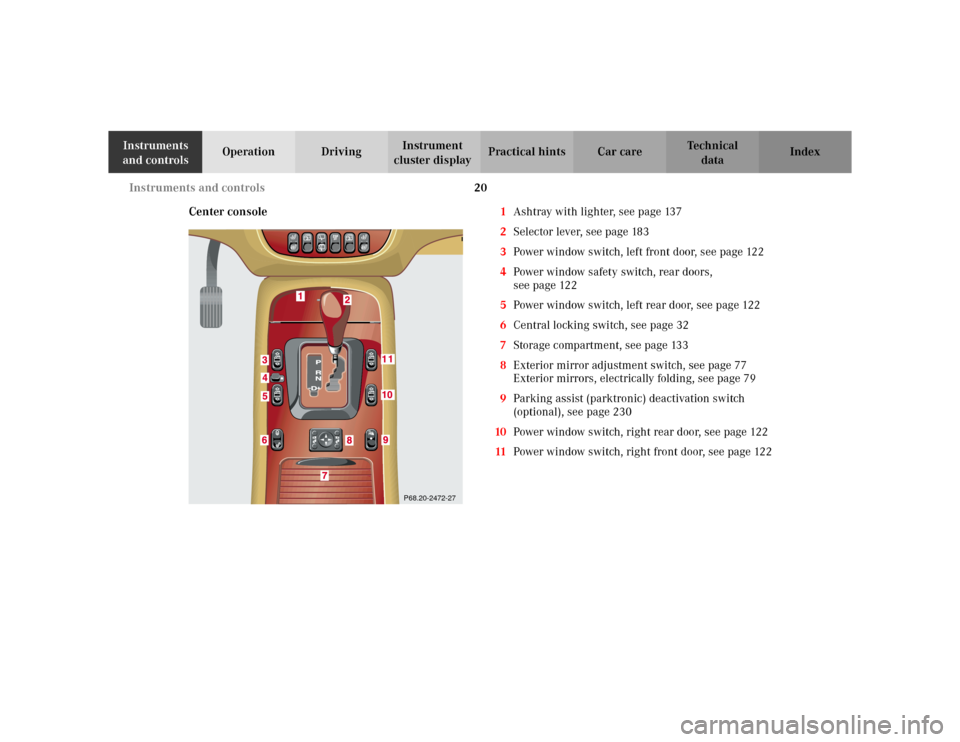 MERCEDES-BENZ ML320 2002 W163 Owners Manual 20 Instruments and controls
Te ch n i c a l
data Instruments 
and controlsOperation DrivingInstrument 
cluster displayPractical hints Car care Index
Center console1Ashtray with lighter, see page 137
2