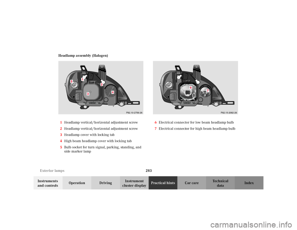 MERCEDES-BENZ ML320 2002 W163 Owners Manual 283 Exterior lamps
Te ch n i c a l
data Instruments 
and controlsOperation DrivingInstrument 
cluster displayPractical hintsCar care Index Headlamp assembly (Halogen)
1Headlamp vertical / horizontal a