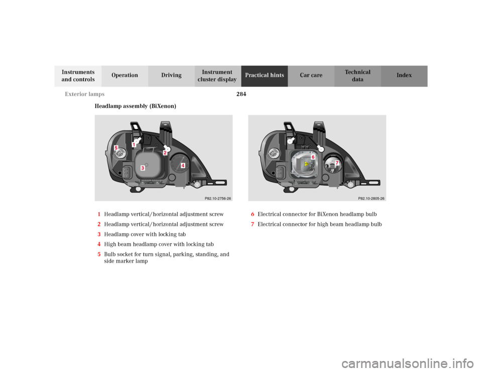 MERCEDES-BENZ ML320 2002 W163 Owners Manual 284 Exterior lamps
Te ch n i c a l
data Instruments 
and controlsOperation DrivingInstrument 
cluster displayPractical hintsCar care Index
Headlamp assembly (BiXenon)
1Headlamp vertical / horizontal a