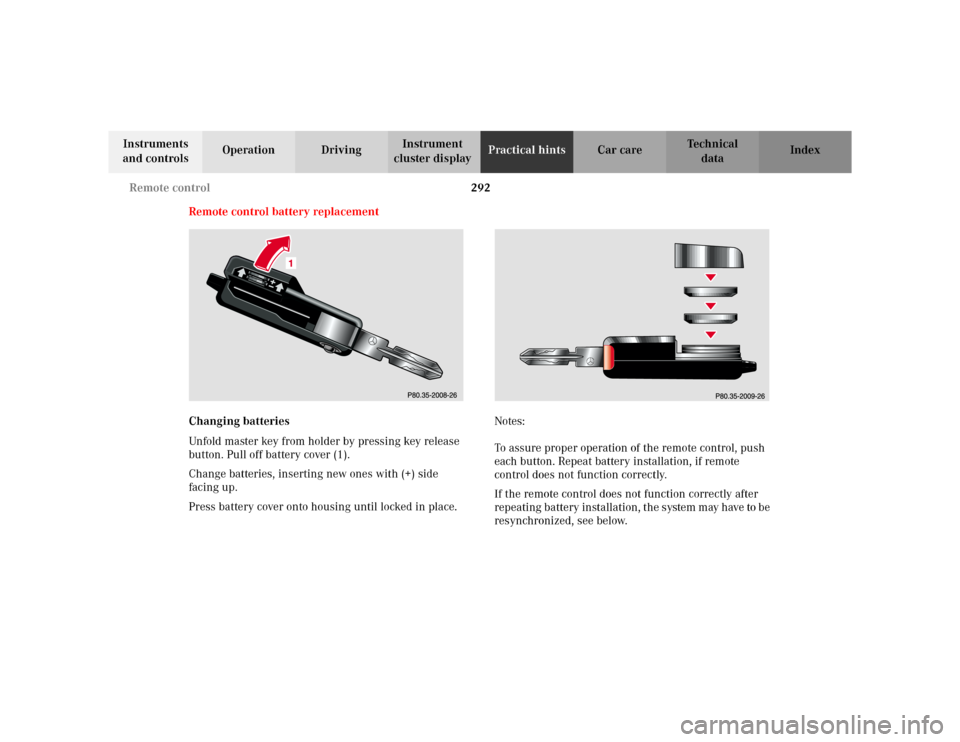 MERCEDES-BENZ ML320 2002 W163 Owners Manual 292 Remote control
Te ch n i c a l
data Instruments
and controlsOperation DrivingInstrument
cluster displayPractical hintsCar care Index
Remote control battery replacement
Changing batteries
Unfold MERCEDES-BENZ ML320 2002 W163 Owners Manual 292 Remote control
Te ch n i c a l
data Instruments
and controlsOperation DrivingInstrument
cluster displayPractical hintsCar care Index
Remote control battery replacement
Changing batteries
Unfold