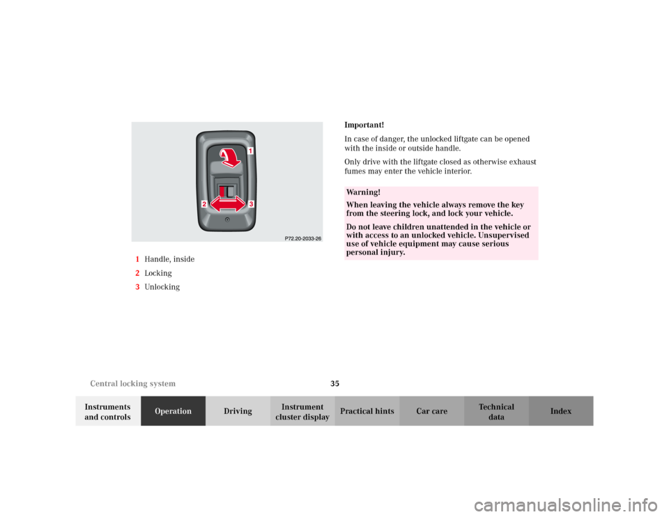 MERCEDES-BENZ ML320 2002 W163 User Guide 35 Central locking system
Te ch n i c a l
data Instruments 
and controlsOperationDrivingInstrument 
cluster displayPractical hints Car care Index 1Handle, inside
2Locking
3UnlockingImportant!
In case 
