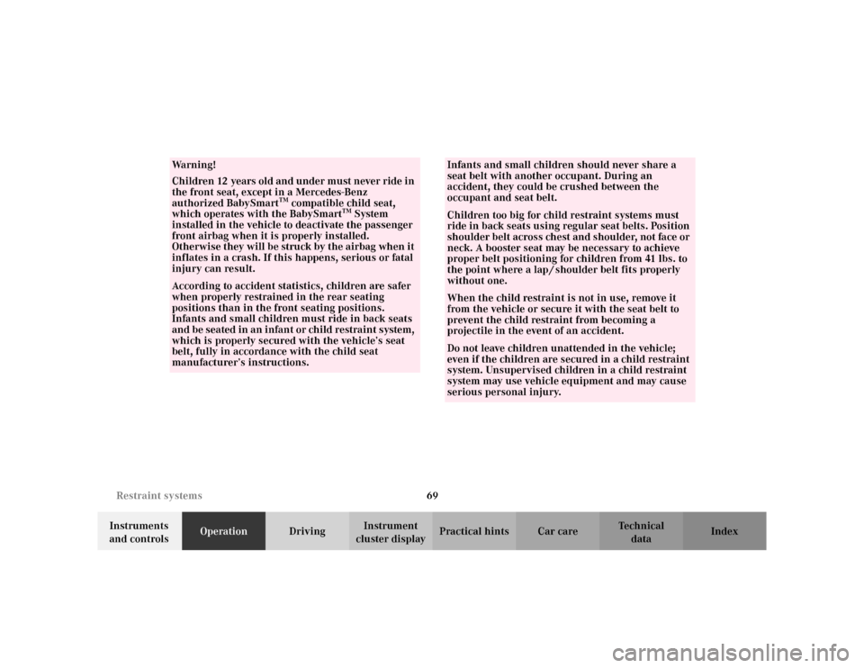 MERCEDES-BENZ ML320 2002 W163 Owners Manual 69 Restraint systems
Te ch n i c a l
data Instruments 
and controlsOperationDrivingInstrument 
cluster displayPractical hints Car care Index
Wa r n i n g !
Children 12 years old and under must never r