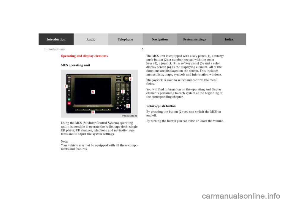 MERCEDES-BENZ M-Class 2002 W163 Comand Manual 6
IntroductionAudio Telephone Navigation Index
System settings
Operating and display elements
MCS operating unit
Using the MCS (Modular Control System) operating 
unit it is possible to operate the ra