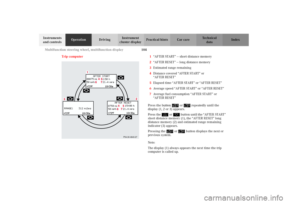 MERCEDES-BENZ G500 2002 W463 Owners Manual 104 Multifunction steering wheel, multifunction display
Te ch n i c a l
data Instruments
and controlsOperationDrivingInstrument
cluster displayPractical hints Car care Index
Trip computer 1“AFTER MERCEDES-BENZ G500 2002 W463 Owners Manual 104 Multifunction steering wheel, multifunction display
Te ch n i c a l
data Instruments
and controlsOperationDrivingInstrument
cluster displayPractical hints Car care Index
Trip computer 1“AFTER