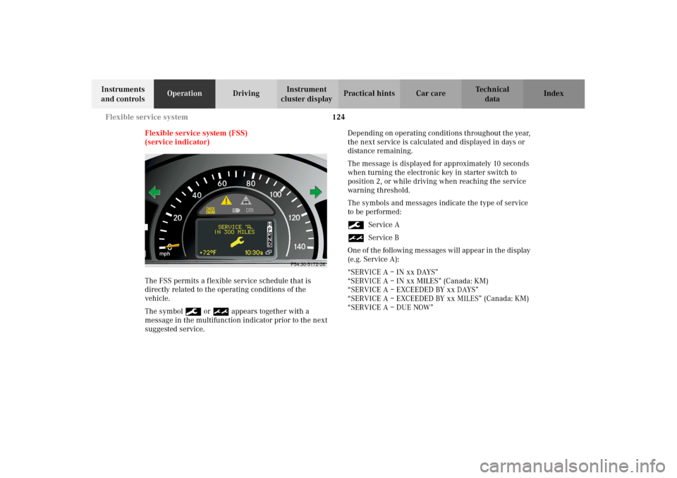 MERCEDES-BENZ G500 2002 W463 Owners Manual 124 Flexible service system
Te ch n i c a l
data Instruments
and controlsOperationDrivingInstrument
cluster displayPractical hints Car care Index
Flexible service system (FSS)
(service indicator)
Th MERCEDES-BENZ G500 2002 W463 Owners Manual 124 Flexible service system
Te ch n i c a l
data Instruments
and controlsOperationDrivingInstrument
cluster displayPractical hints Car care Index
Flexible service system (FSS)
(service indicator)
Th
