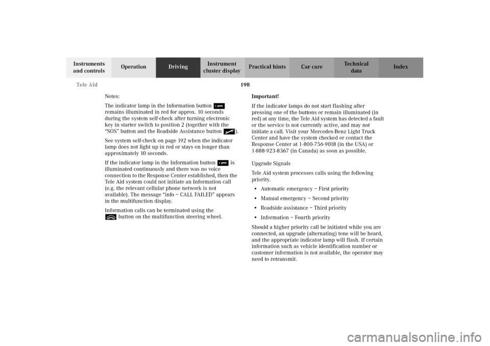 MERCEDES-BENZ G500 2002 W463 Owners Manual 198 Tele Aid
Te ch n i c a l
data Instruments
and controlsOperationDrivingInstrument
cluster displayPractical hints Car care Index
Notes:
The indicator lamp in the Information button¡
remains illu MERCEDES-BENZ G500 2002 W463 Owners Manual 198 Tele Aid
Te ch n i c a l
data Instruments
and controlsOperationDrivingInstrument
cluster displayPractical hints Car care Index
Notes:
The indicator lamp in the Information button¡
remains illu
