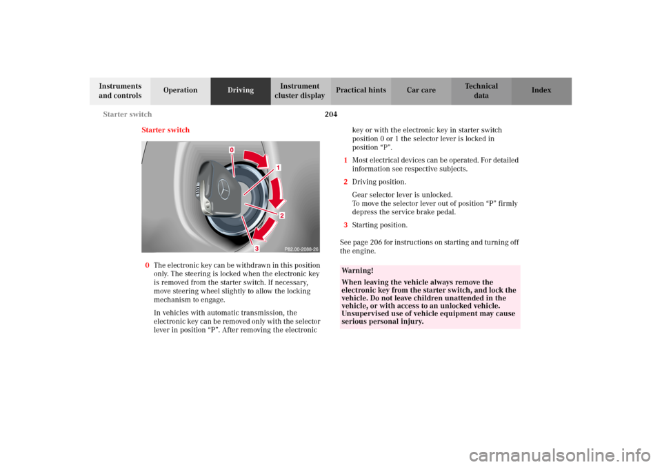 MERCEDES-BENZ G500 2002 W463 Owners Manual 204 Starter switch
Te ch n i c a l
data Instruments
and controlsOperationDrivingInstrument
cluster displayPractical hints Car care Index
Starter switch
0The electronic key can be withdrawn in this p MERCEDES-BENZ G500 2002 W463 Owners Manual 204 Starter switch
Te ch n i c a l
data Instruments
and controlsOperationDrivingInstrument
cluster displayPractical hints Car care Index
Starter switch
0The electronic key can be withdrawn in this p