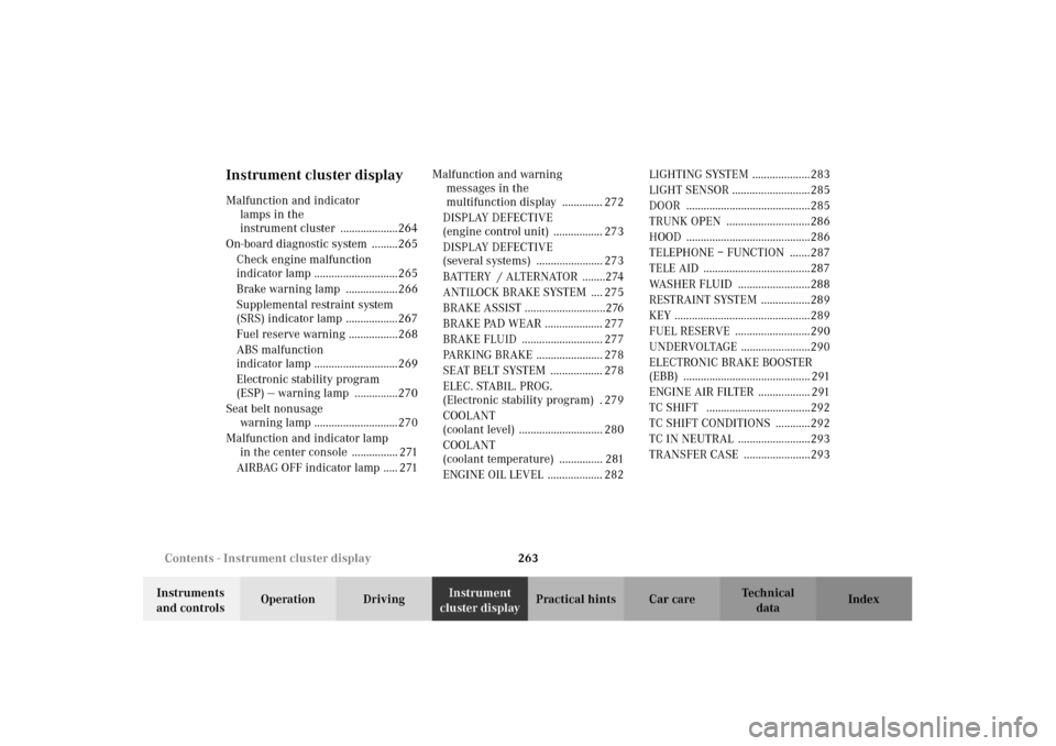 MERCEDES-BENZ G500 2002 W463 Owners Manual 263 Contents - Instrument cluster display 
Te ch n i c a l
data Instruments 
and controlsOperation DrivingInstrument 
cluster displayPractical hints Car care Index
Instrument cluster displayMalfunctio