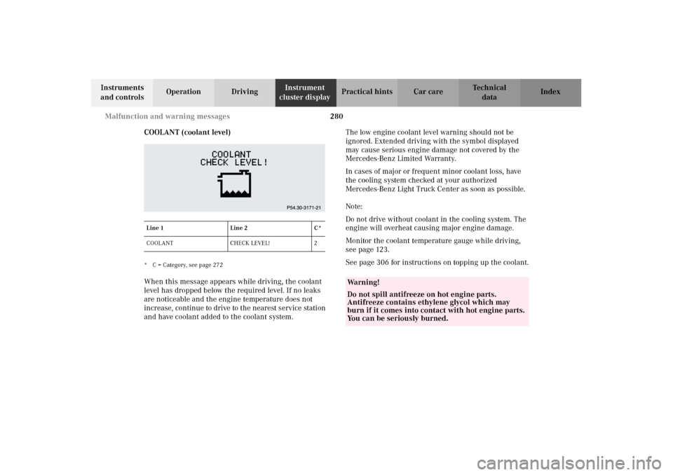 MERCEDES-BENZ G500 2002 W463 Owners Manual 280 Malfunction and warning messages
Te ch n i c a l
data Instruments
and controlsOperation DrivingInstrument
cluster displayPractical hints Car care Index
COOLANT (coolant level)
* C = Category, se MERCEDES-BENZ G500 2002 W463 Owners Manual 280 Malfunction and warning messages
Te ch n i c a l
data Instruments
and controlsOperation DrivingInstrument
cluster displayPractical hints Car care Index
COOLANT (coolant level)
* C = Category, se