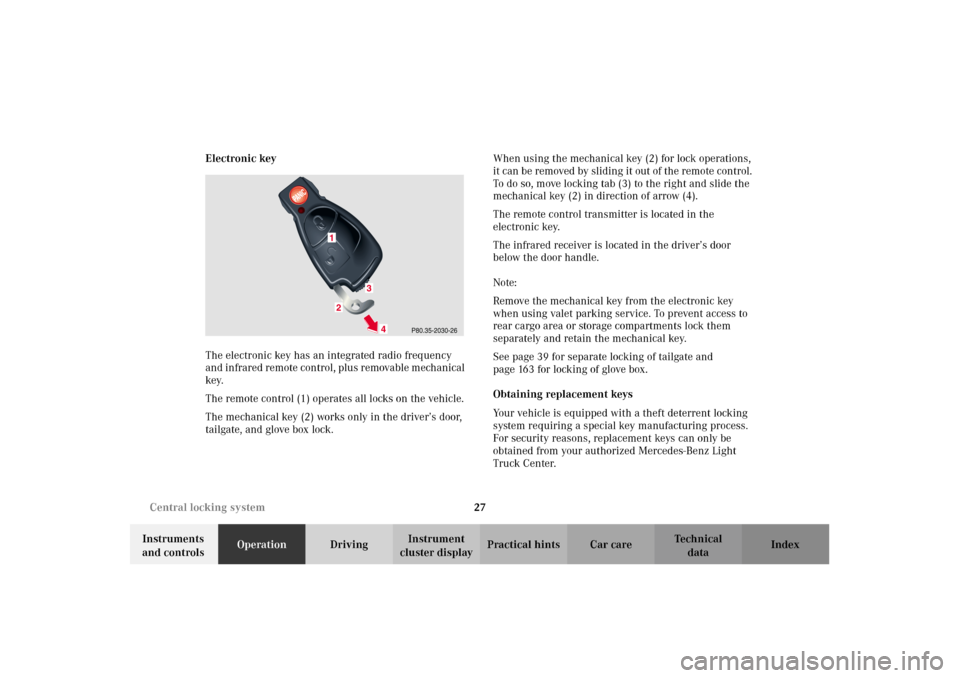 MERCEDES-BENZ G500 2002 W463 Owners Guide 27 Central locking system
Te ch n i c a l
data Instruments
and controlsOperationDrivingInstrument
cluster displayPractical hints Car care Index Electronic key
The electronic key has an integrated ra MERCEDES-BENZ G500 2002 W463 Owners Guide 27 Central locking system
Te ch n i c a l
data Instruments
and controlsOperationDrivingInstrument
cluster displayPractical hints Car care Index Electronic key
The electronic key has an integrated ra