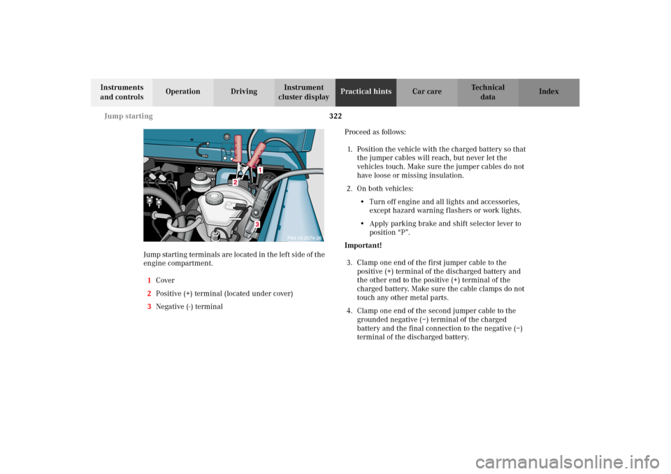 MERCEDES-BENZ G500 2002 W463 Owners Manual 322 Jump starting
Te ch n i c a l
data Instruments 
and controlsOperation DrivingInstrument 
cluster displayPractical hintsCar care Index
Jump startin g term in als  ar e located in  t he lef t s id e