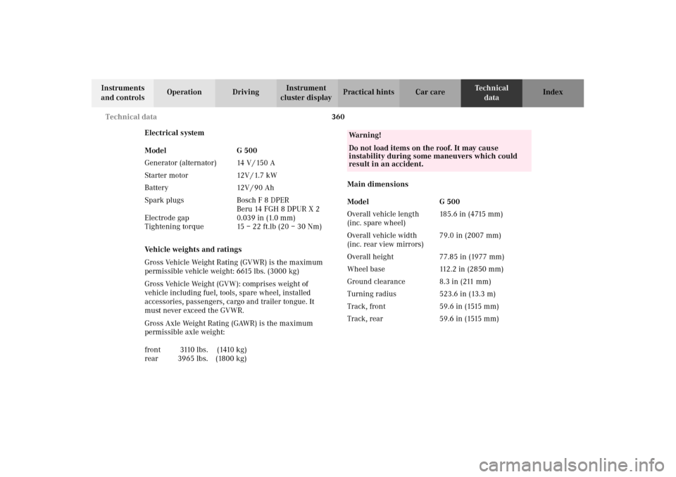 MERCEDES-BENZ G500 2002 W463 Owners Manual 360
Technical \fata
Te ch n i c a l
\fata
In\btrument\b
an\f control\b Operation Driving
In\btrument
clu\bter \fi\bplay Practical hint\b Car care In\fex
Electrical \by\btem
Vehicle weight\b an\f rat MERCEDES-BENZ G500 2002 W463 Owners Manual 360
Technical \fata
Te ch n i c a l
\fata
In\btrument\b
an\f control\b Operation Driving
In\btrument
clu\bter \fi\bplay Practical hint\b Car care In\fex
Electrical \by\btem
Vehicle weight\b an\f rat
