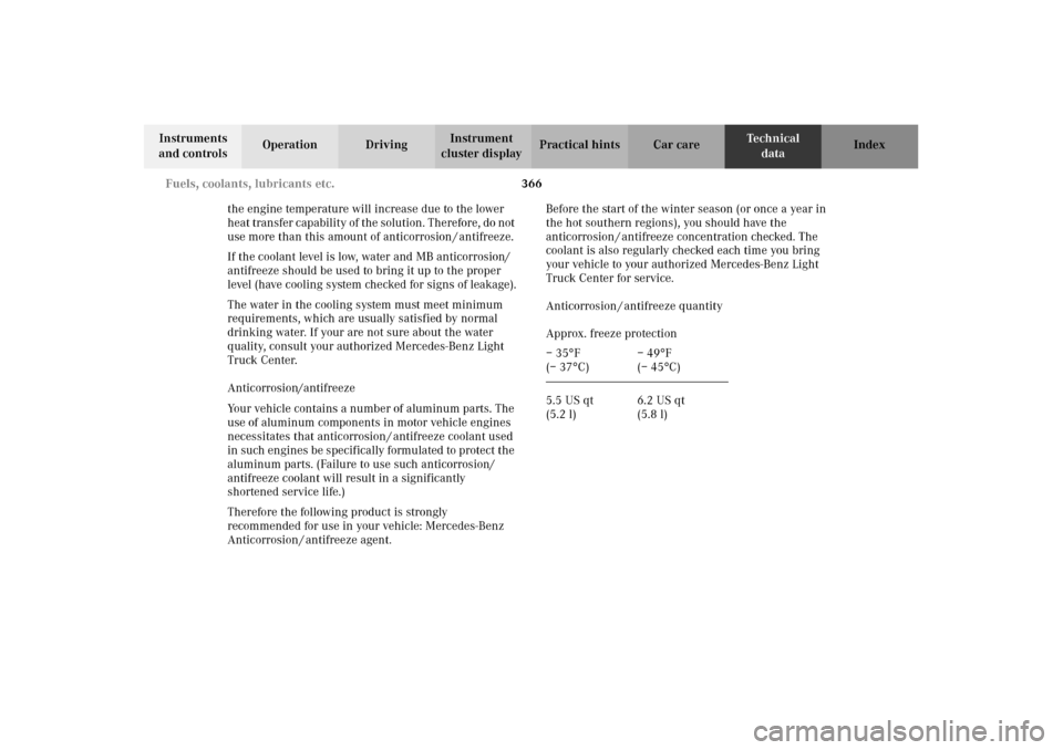 MERCEDES-BENZ G500 2002 W463 Owners Manual 366 Fuels, coolants, lubricants etc.
Te ch n i c a l
data Instruments
and controlsOperation DrivingInstrument
cluster displayPractical hints Car care Index
the engine temperature will increase due t MERCEDES-BENZ G500 2002 W463 Owners Manual 366 Fuels, coolants, lubricants etc.
Te ch n i c a l
data Instruments
and controlsOperation DrivingInstrument
cluster displayPractical hints Car care Index
the engine temperature will increase due t