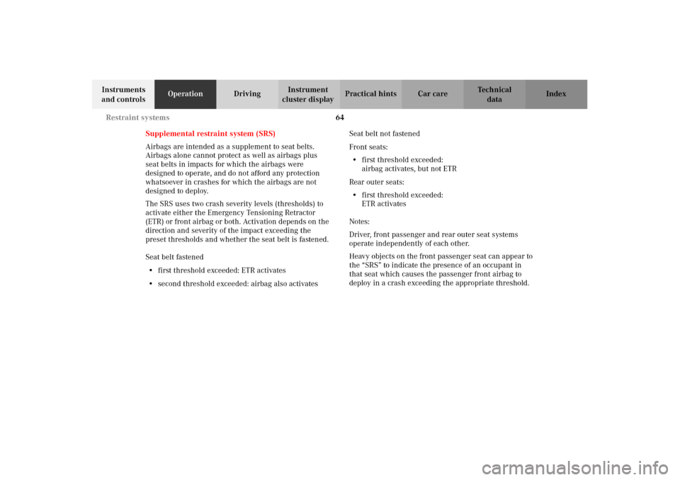 MERCEDES-BENZ G500 2002 W463 Repair Manual 64 Restraint systems
Te ch n i c a l
data Instruments
and controlsOperationDrivingInstrument
cluster displayPractical hints Car care Index
Supplemental restraint system (SRS)
Airbags are intended as MERCEDES-BENZ G500 2002 W463 Repair Manual 64 Restraint systems
Te ch n i c a l
data Instruments
and controlsOperationDrivingInstrument
cluster displayPractical hints Car care Index
Supplemental restraint system (SRS)
Airbags are intended as