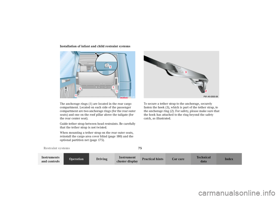 MERCEDES-BENZ G500 2002 W463 Manual PDF 75 Restraint systems
Te ch n i c a l
data Instruments 
and controlsOperationDrivingInstrument 
cluster displayPractical hints Car care Index Installation of infant and child restraint systems
The anch