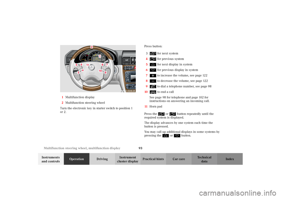 MERCEDES-BENZ G500 2002 W463 Owners Manual 93 Multifunction steering wheel, multifunction display
Te ch n i c a l
data Instruments
and controlsOperationDrivingInstrument
cluster displayPractical hints Car care Index 1Multifunction display
2M MERCEDES-BENZ G500 2002 W463 Owners Manual 93 Multifunction steering wheel, multifunction display
Te ch n i c a l
data Instruments
and controlsOperationDrivingInstrument
cluster displayPractical hints Car care Index 1Multifunction display
2M