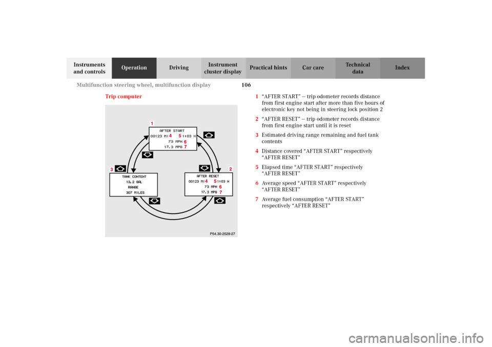 MERCEDES-BENZ E430 2002 W210 Owners Manual 106 Multifunction steering wheel, multifunction display
Technical
data Instruments 
and controlsOperationDrivingInstrument 
cluster displayPractical hints Car care Index
Trip computer 1“AFTER START�