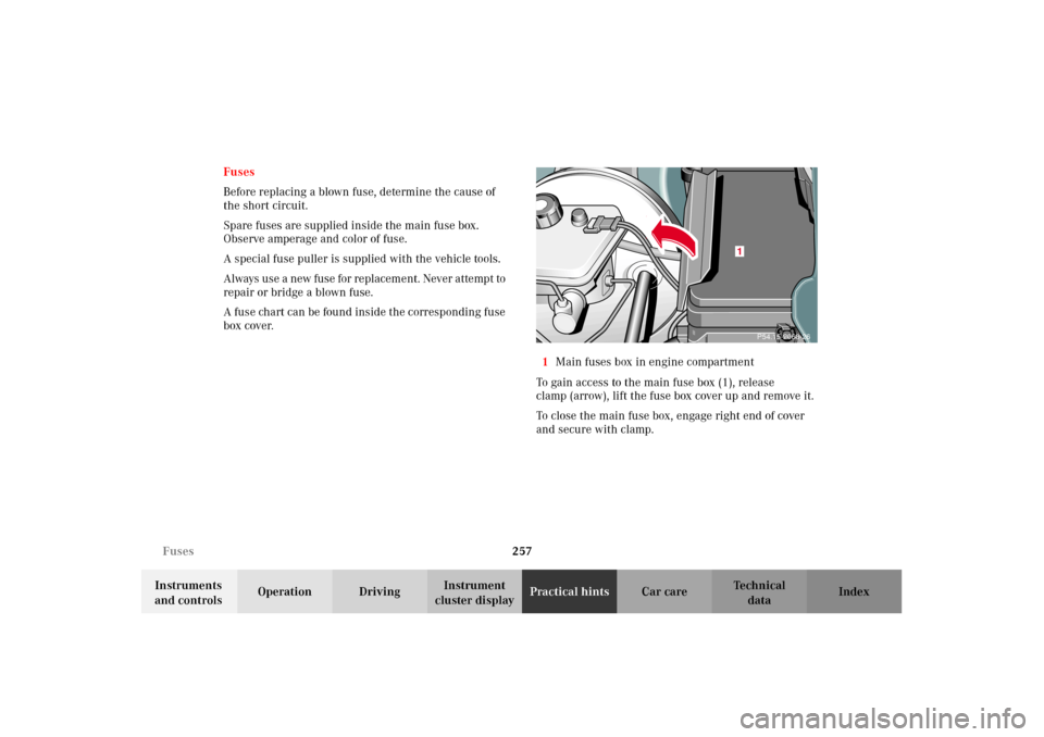 MERCEDES-BENZ E430 2002 W210 Owners Manual 257 Fuses
Technical
data Instruments 
and controlsOperation DrivingInstrument 
cluster displayPractical hintsCar care Index Fuses
Before replacing a blown fuse, determine the cause of 
the short circu