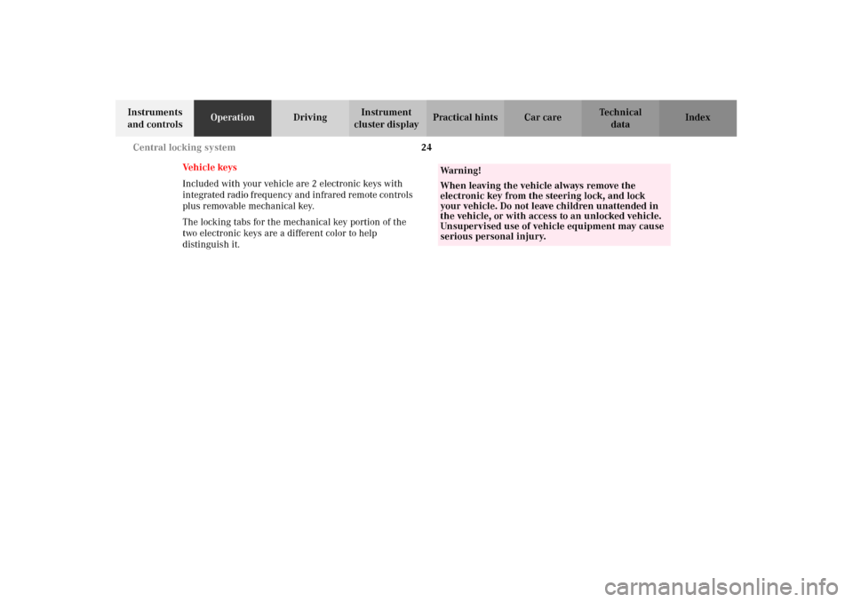 MERCEDES-BENZ E430 2002 W210 Owners Manual 24 Central locking system
Technical
data Instruments 
and controlsOperationDrivingInstrument 
cluster displayPractical hints Car care Index
Ve h i c l e   k e y s
Included with your vehicle are 2 elec