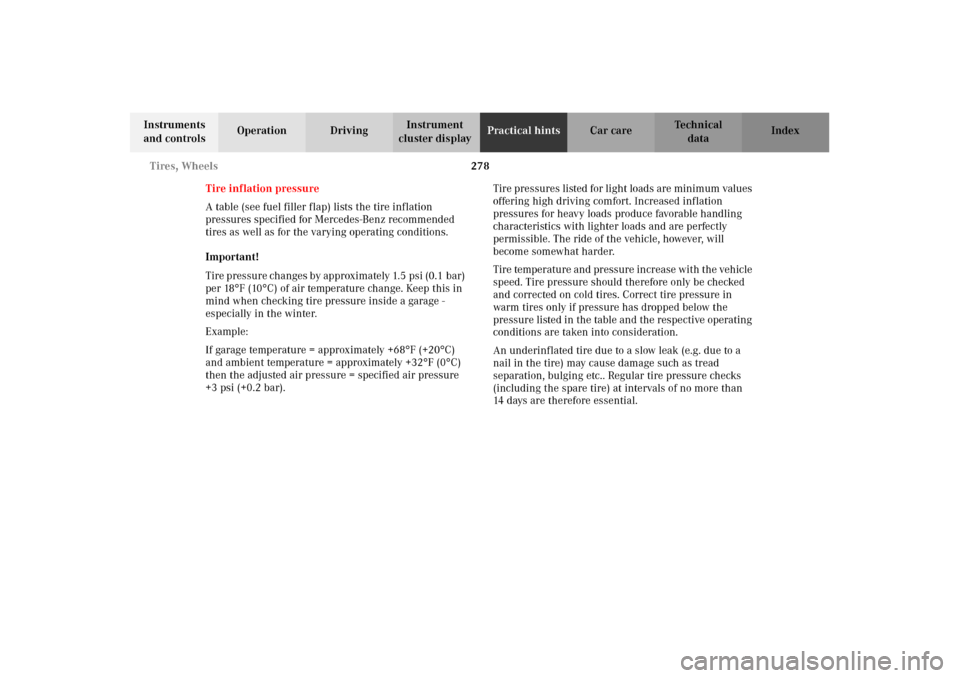 MERCEDES-BENZ E320 2002 W210 Owners Manual 278 Tires, Wheels
Technical
data Instruments 
and controlsOperation DrivingInstrument 
cluster displayPractical hintsCar care Index
Tire inflation pressure
A table (see fuel filler flap) lists the tir