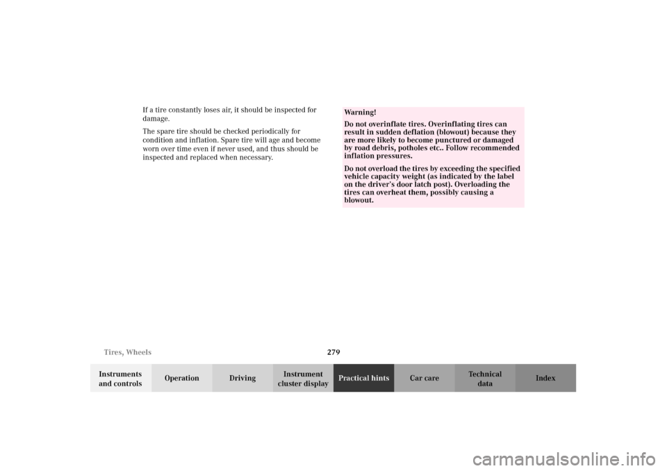 MERCEDES-BENZ E320 2002 W210 Owners Manual 279 Tires, Wheels
Technical
data Instruments 
and controlsOperation DrivingInstrument 
cluster displayPractical hintsCar care Index If a tire constantly loses air, it should be inspected for 
damage.
