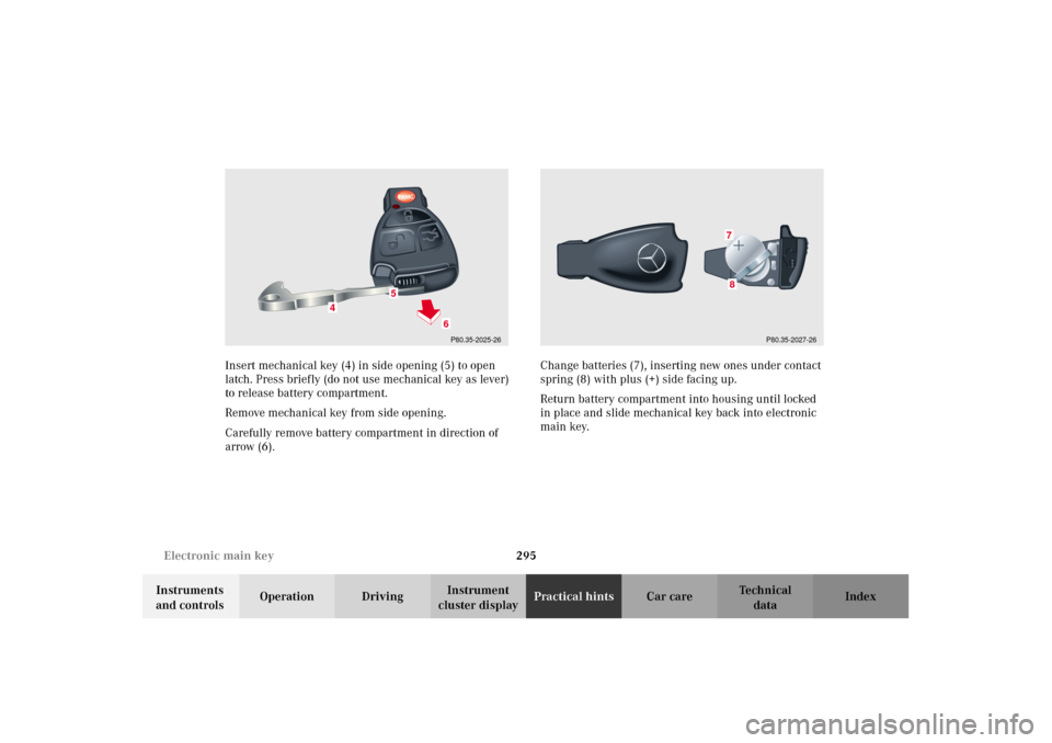 MERCEDES-BENZ E430 2002 W210 Owners Manual 295 Electronic main key
Technical
data Instruments 
and controlsOperation DrivingInstrument 
cluster displayPractical hintsCar care Index Insert mechanical key (4) in side opening (5) to open 
latch. 