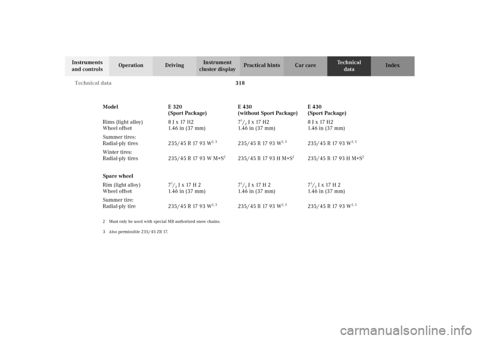 MERCEDES-BENZ E430 2002 W210 Owners Manual 318 Technical data
Technical
data Instruments 
and controlsOperation DrivingInstrument 
cluster displayPractical hints Car care Index
2 Must only be used with special MB authorized snow chains.
3 Also