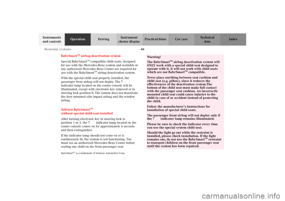 MERCEDES-BENZ E320 2002 W210 Repair Manual 66 Restraint systems
Technical
data Instruments 
and controlsOperationDrivingInstrument 
cluster displayPractical hints Car care Index
BabySmart
TM airbag deactivation system
Special BabySmart
TM comp