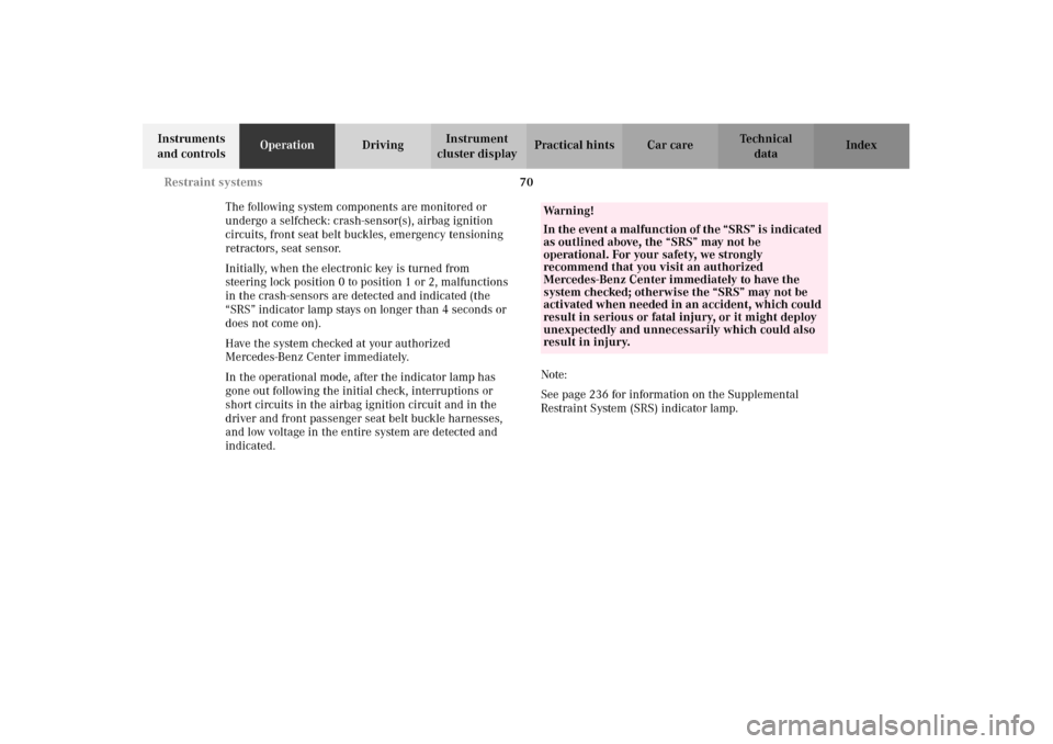 MERCEDES-BENZ E320 2002 W210 Manual PDF 70 Restraint systems
Technical
data Instruments 
and controlsOperationDrivingInstrument 
cluster displayPractical hints Car care Index
The following system components are monitored or 
undergo a selfc