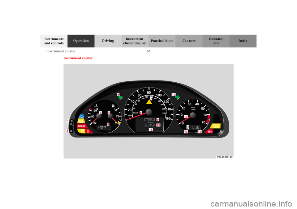 MERCEDES-BENZ E320 2002 W210 Manual Online 86 Instrument cluster
Technical
data Instruments 
and controlsOperationDrivingInstrument 
cluster displayPractical hints Car care Index
Instrument cluster
W210.book Seite 86 Mittwoch, 30. Mai 2001 11: