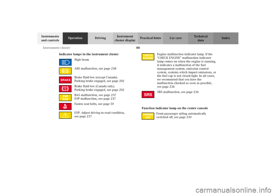 MERCEDES-BENZ E430 2002 W210 Owners Manual 88 Instrument cluster
Technical
data Instruments 
and controlsOperationDrivingInstrument 
cluster displayPractical hints Car care Index
Indicator lamps in the instrument cluster
High beam
ABS malfunct